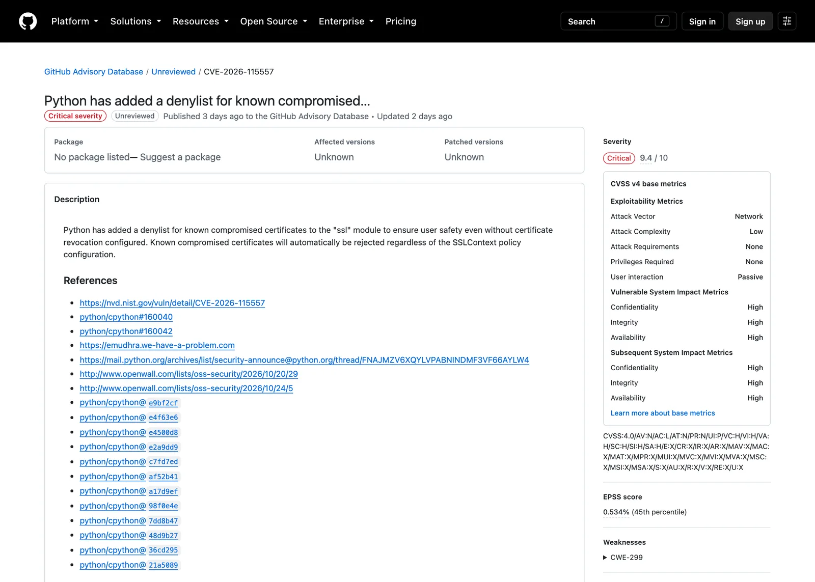 หน้า GitHub Advisory Database ของ CVE-2026-115557 ที่ Python 3.15.2 แก้ไข แสดงคะแนน CVSS v4.0 9.4 ระดับ Critical