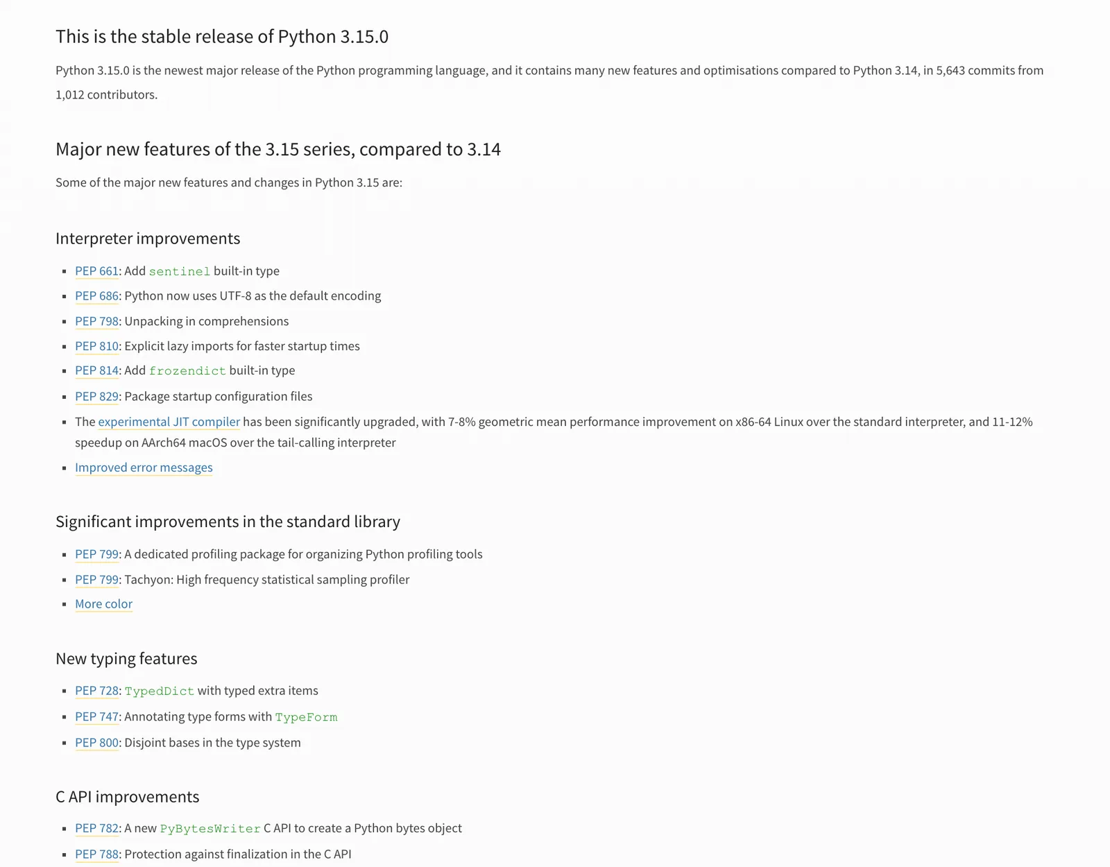 ภาพหน้าจอหน้าประกาศ Python 3.15.0 บน python.org ระบุ 5,643 commits จากผู้ร่วมพัฒนา 1,012 คน และรายการฟีเจอร์หลัก เช่น PEP 686 UTF-8, PEP 810 lazy imports, PEP 814 frozendict และ JIT ที่เร็วขึ้น