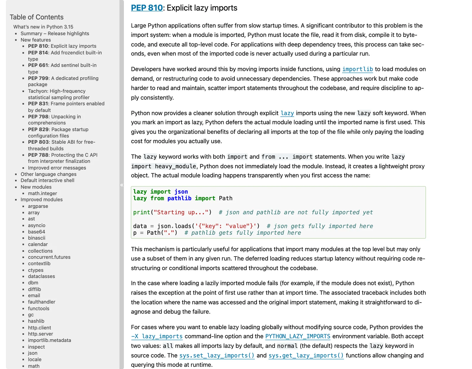 ภาพหน้าจอเอกสาร What's new in Python 3.15 ส่วน PEP 810 Explicit lazy imports พร้อมตัวอย่างโค้ด lazy import json และ lazy from pathlib import Path