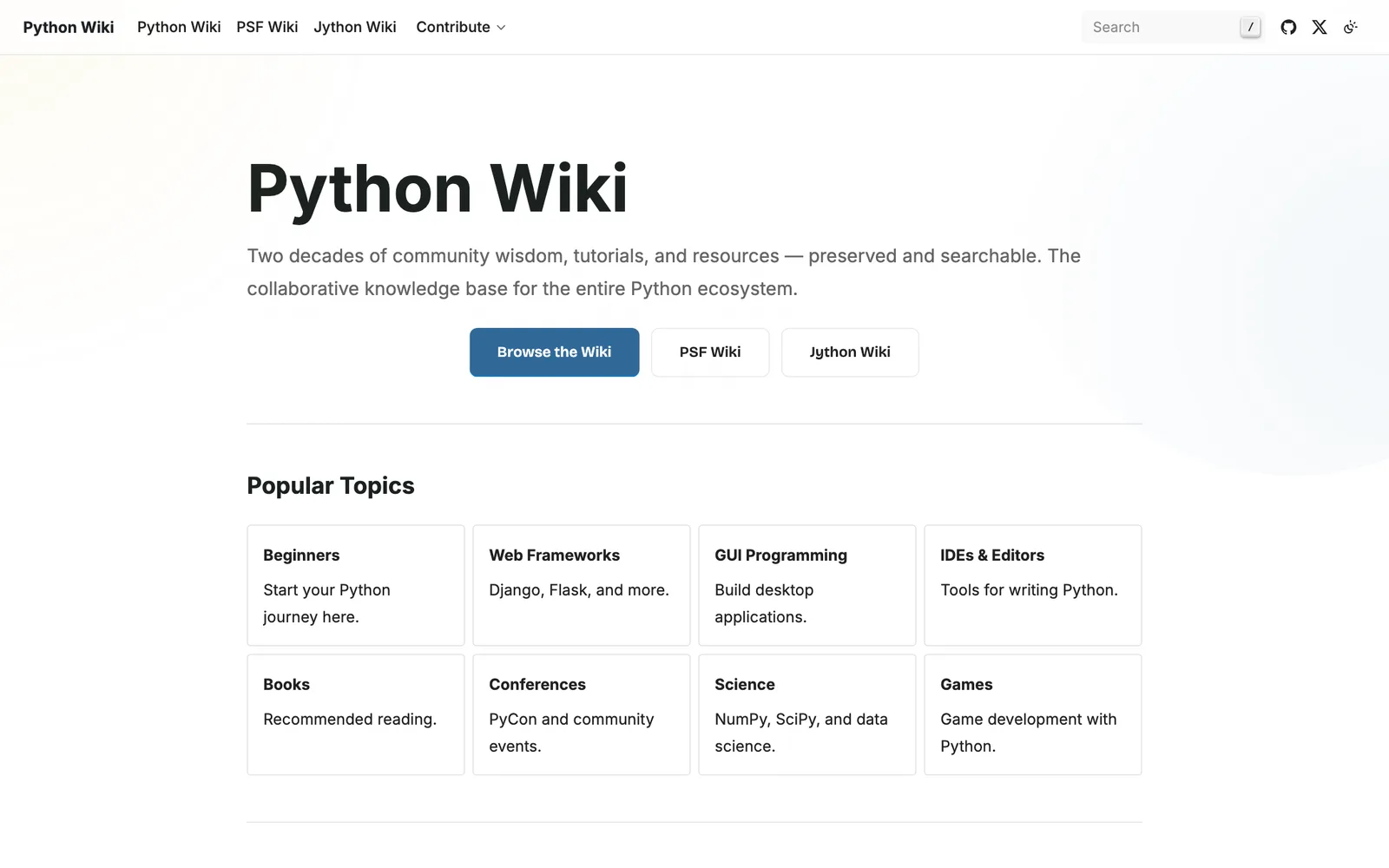 หน้าแรกของ Python wiki เปิดใหม่ที่ wiki.python.org พร้อมปุ่มไปยัง PSF Wiki และ Jython Wiki