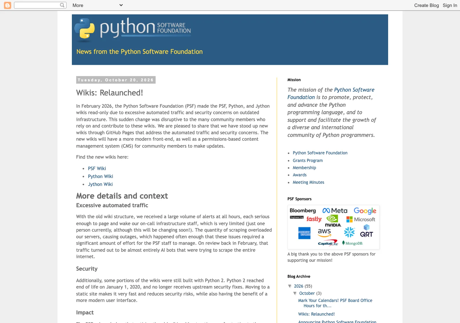 ประกาศ Wikis: Relaunched! บนบล็อก Python Software Foundation ลงวันที่ 20 ตุลาคม 2026