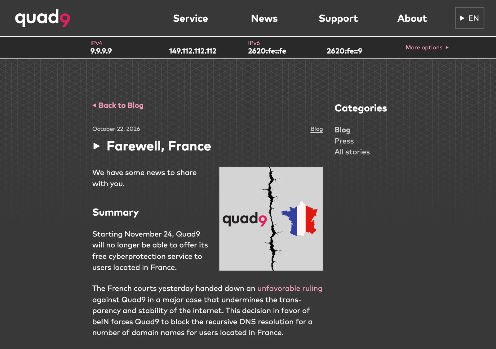 หน้าประกาศ Farewell, France ของ Quad9 วันที่ 22 ตุลาคม 2026 ระบุว่า Quad9 ออกจากฝรั่งเศสโดยหยุดให้บริการผู้ใช้ในฝรั่งเศสตั้งแต่ 24 พฤศจิกายน
