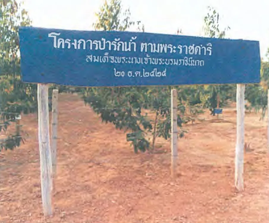 ป้ายโครงการป่ารักน้ำ ในภาพประกอบหน้า ทรงพิทักษ์รักษาสรรพสิ่ง ของหน่วยราชการในพระองค์