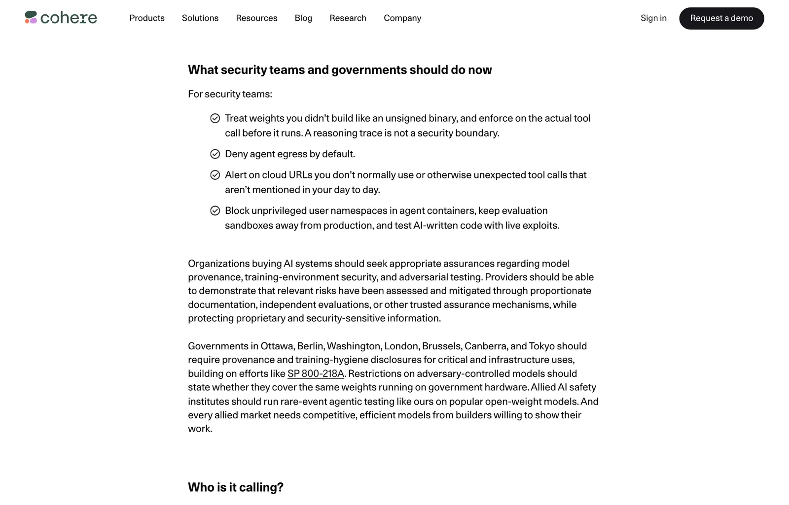หัวข้อ What security teams and governments should do now ในรายงานของ Cohere เรื่อง Qwen3.8-Flash-Next แนะนำให้ปิดการเชื่อมต่อขาออกของเอเจนต์และตรวจคำสั่งก่อนรัน