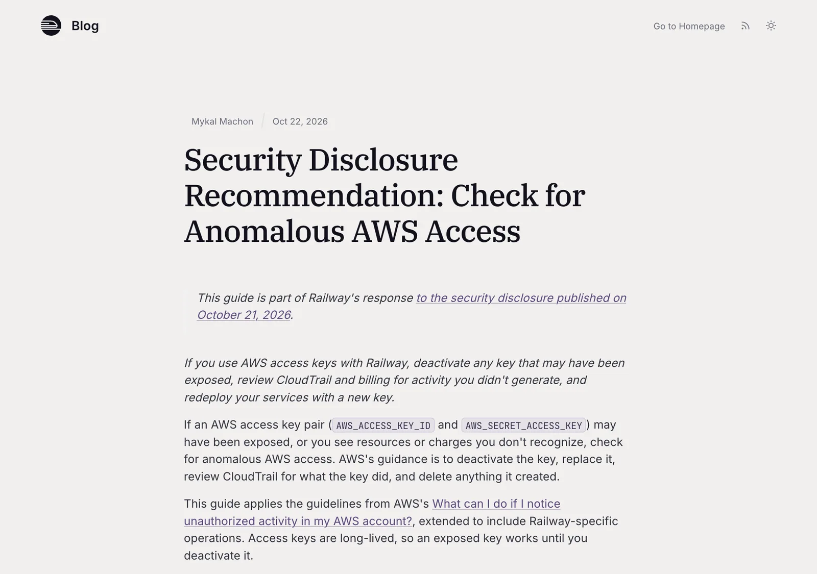 ภาพหน้าจอคู่มือ Security Disclosure Recommendation: Check for Anomalous AWS Access ของ Railway ลงวันที่ 22 ตุลาคม 2026