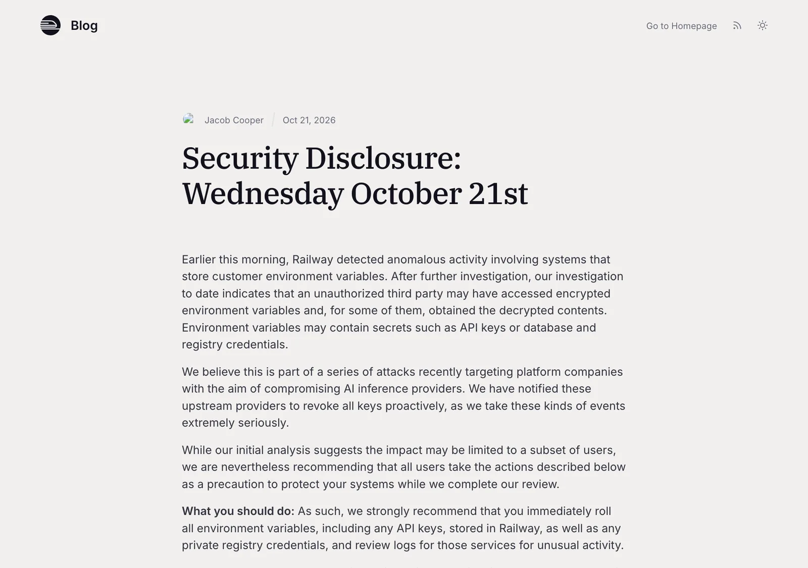 ภาพหน้าจอประกาศ Security Disclosure: Wednesday October 21st ของ Railway โดย Jacob Cooper แจ้งว่าบุคคลที่ไม่ได้รับอนุญาตอาจเข้าถึง environment variables ที่เข้ารหัสไว้