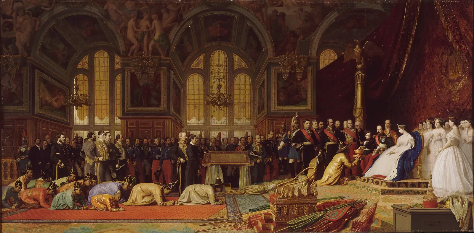 ภาพเขียนสีน้ำมันของ Jean-Léon Gérôme ค.ศ. 1864 คณะราชทูตสยามเข้าเฝ้าจักรพรรดินโปเลียนที่ 3 ที่ฟงแตนโบล เมื่อ ค.ศ. 1861