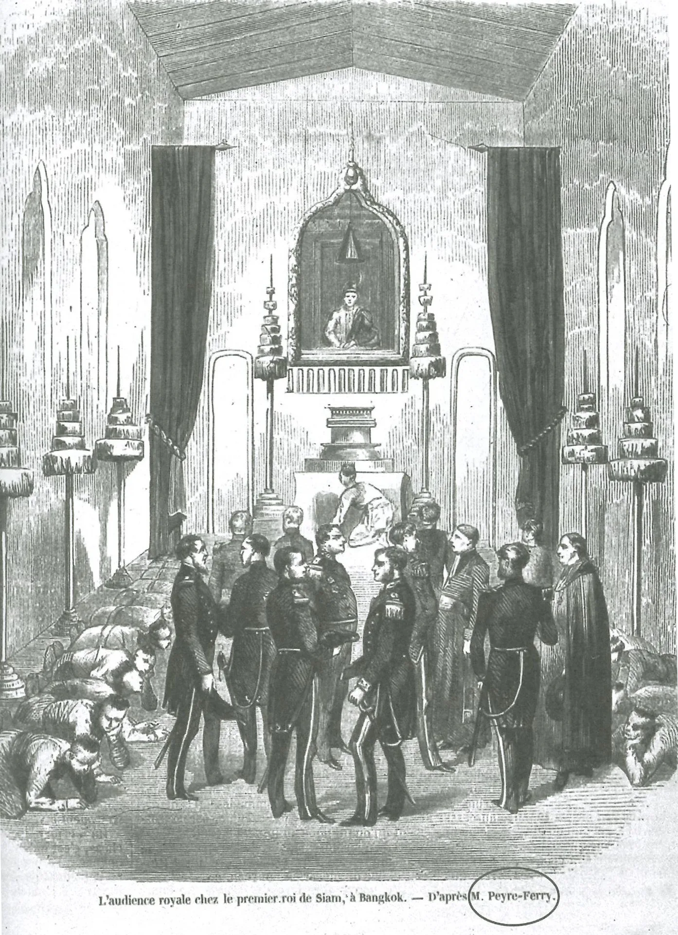 ภาพพิมพ์ในหนังสือพิมพ์ L'Illustration ค.ศ. 1857 การรับ Charles de Montigny ทูตฝรั่งเศส ที่กรุงเทพฯ เมื่อ ค.ศ. 1856