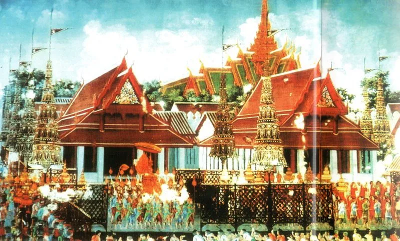 จิตรกรรมชุดโคลงภาพ พระราชพงศาวดาร ภาพที่ 91 วาดราว พ.ศ. 2430 เป็นฉาก เจ้าฟ้ามงกุฎ ทรงผนวช เป็นสามเณร เป็นภาพเขียนย้อนเหตุการณ์