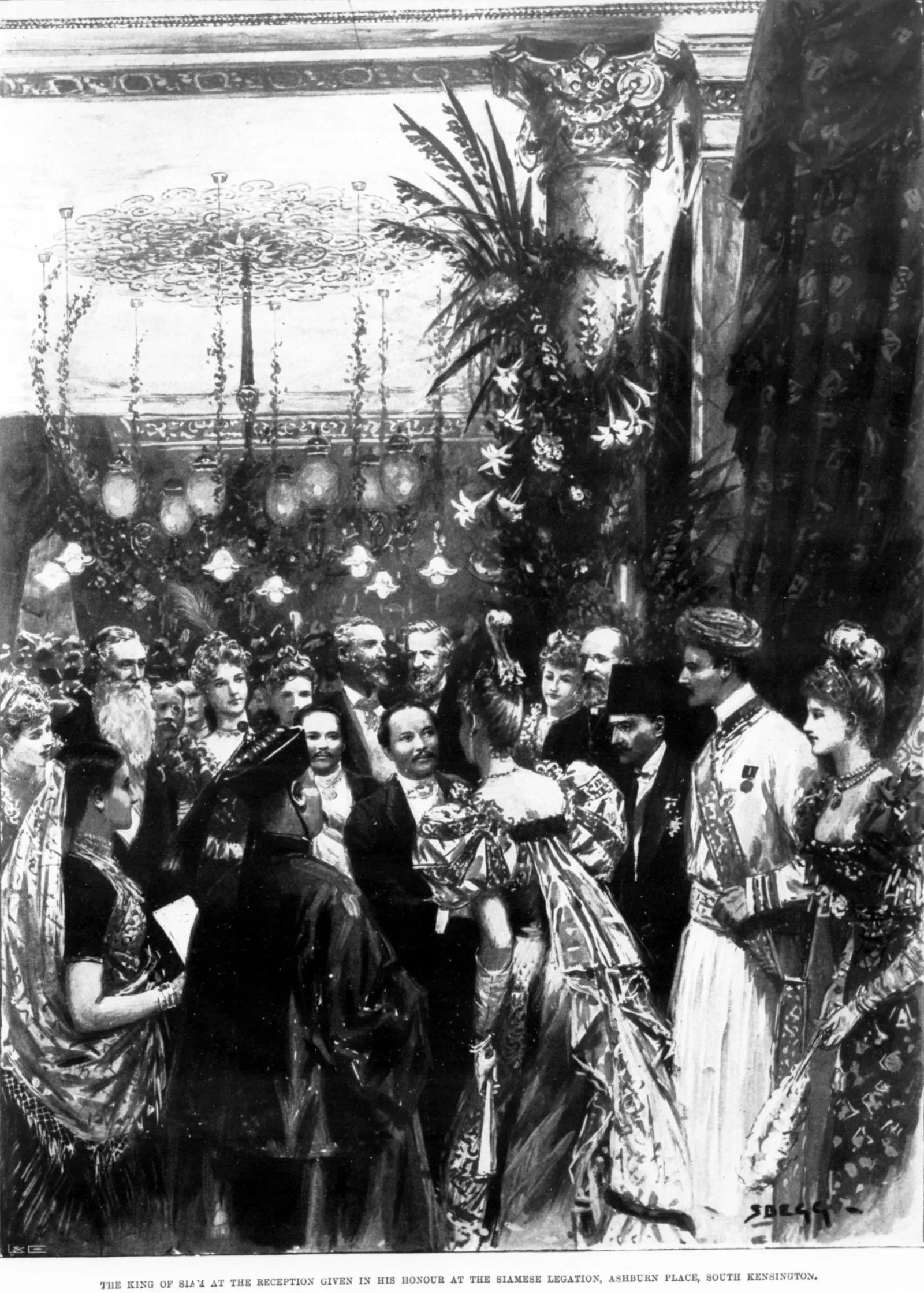 ภาพพิมพ์ใน The Illustrated London News 14 สิงหาคม ค.ศ. 1897 งานรับรองรัชกาลที่ 5 ที่สถานทูตสยาม กรุงลอนดอน