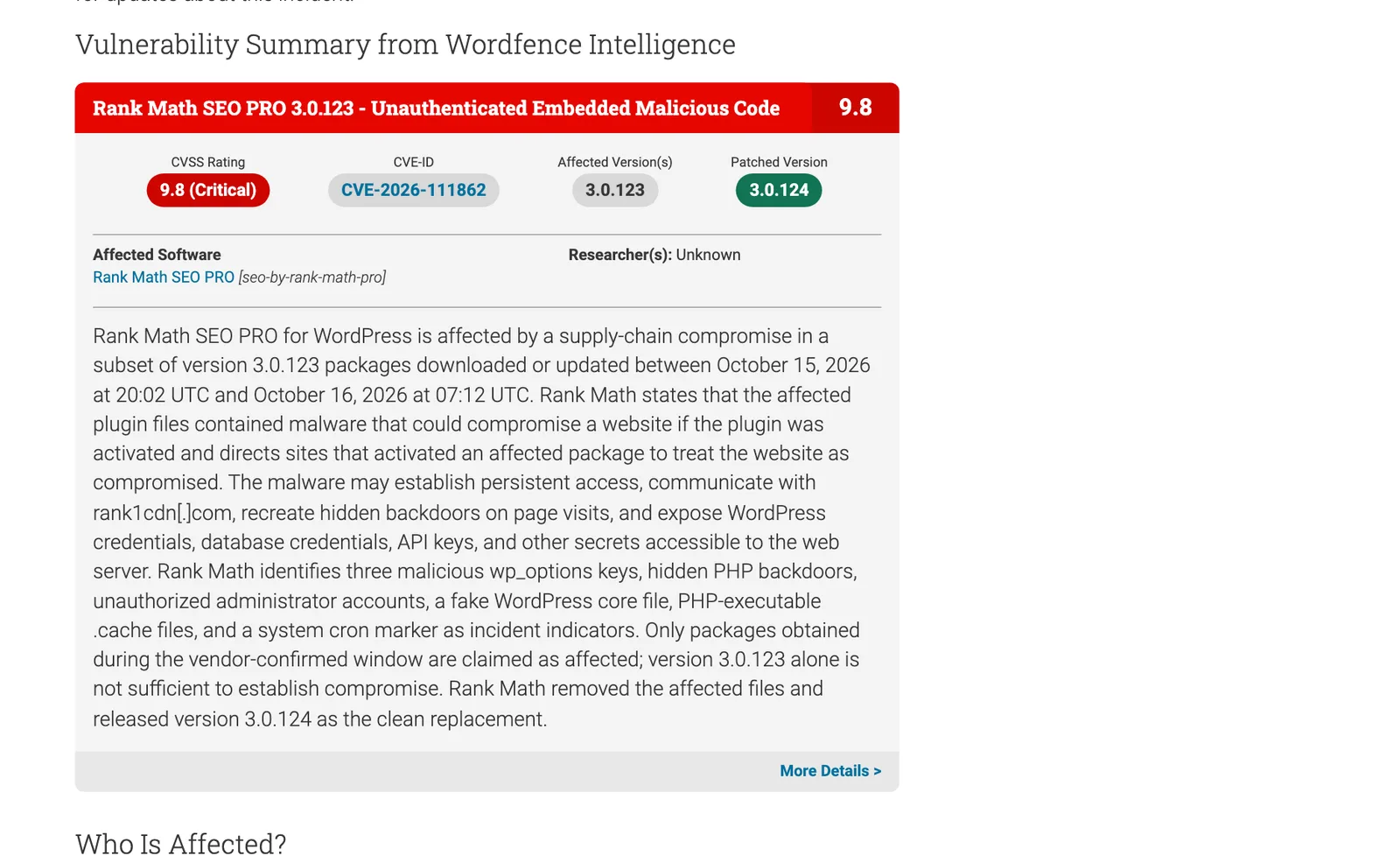 กล่องสรุปช่องโหว่ของ Wordfence Intelligence: Rank Math SEO PRO 3.0.123 Unauthenticated Embedded Malicious Code คะแนน CVSS 9.8 (Critical) CVE-2026-111862 รุ่นที่ได้รับผลกระทบ 3.0.123 รุ่นที่แก้แล้ว 3.0.124