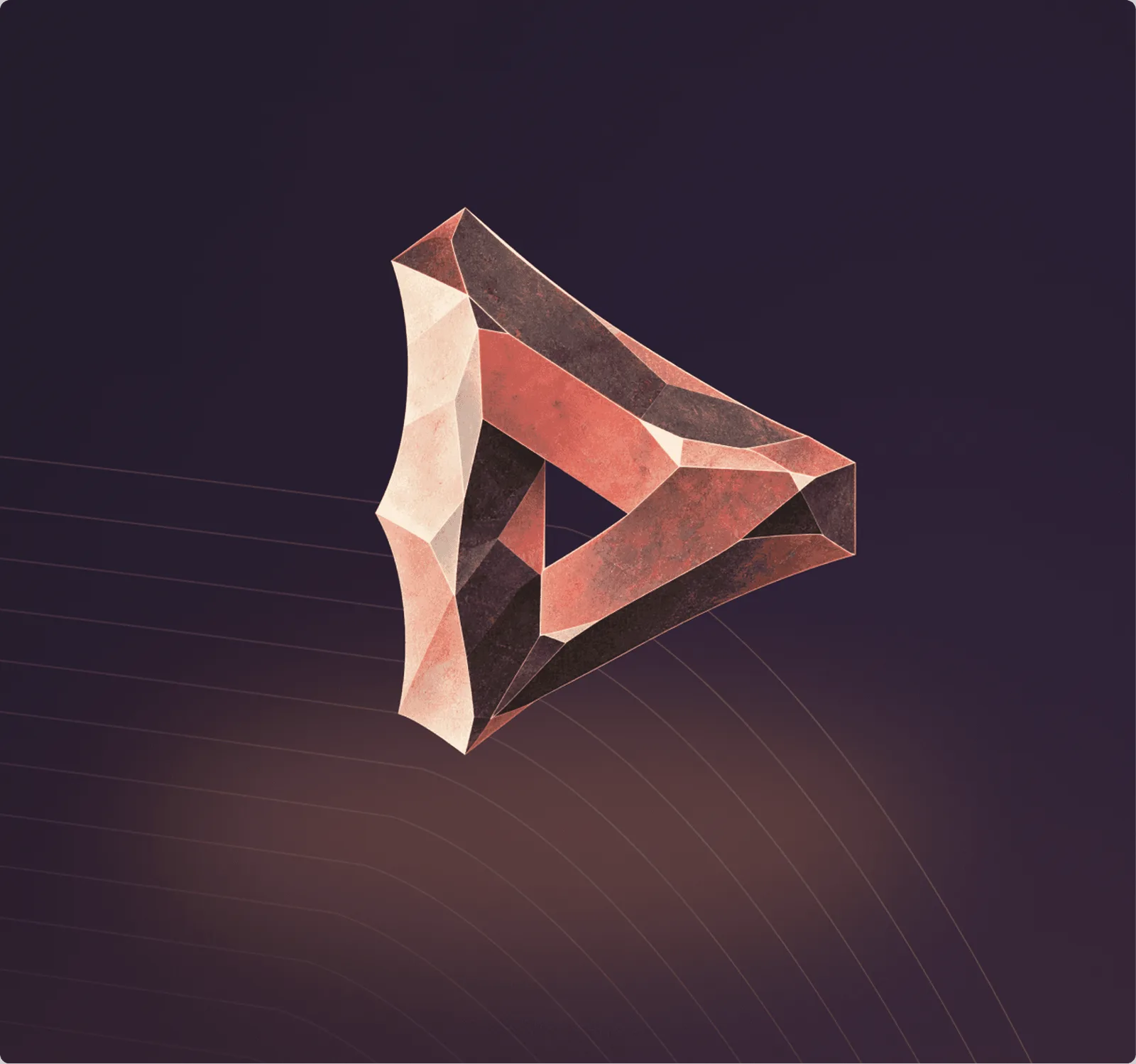 ภาพกราฟิกเปิดตัว Recursive Flint รูปทรงหลายเหลี่ยมสีส้มบนพื้นสีม่วงเข้ม