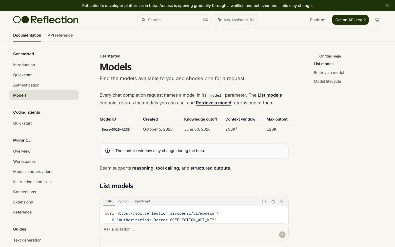 หน้า Models ใน Reflection Developer Docs แสดงโมเดล Beam-501B-A23B สร้าง 5 ตุลาคม 2026 knowledge cutoff 30 มิถุนายน 2026 context window 256K max output 128K