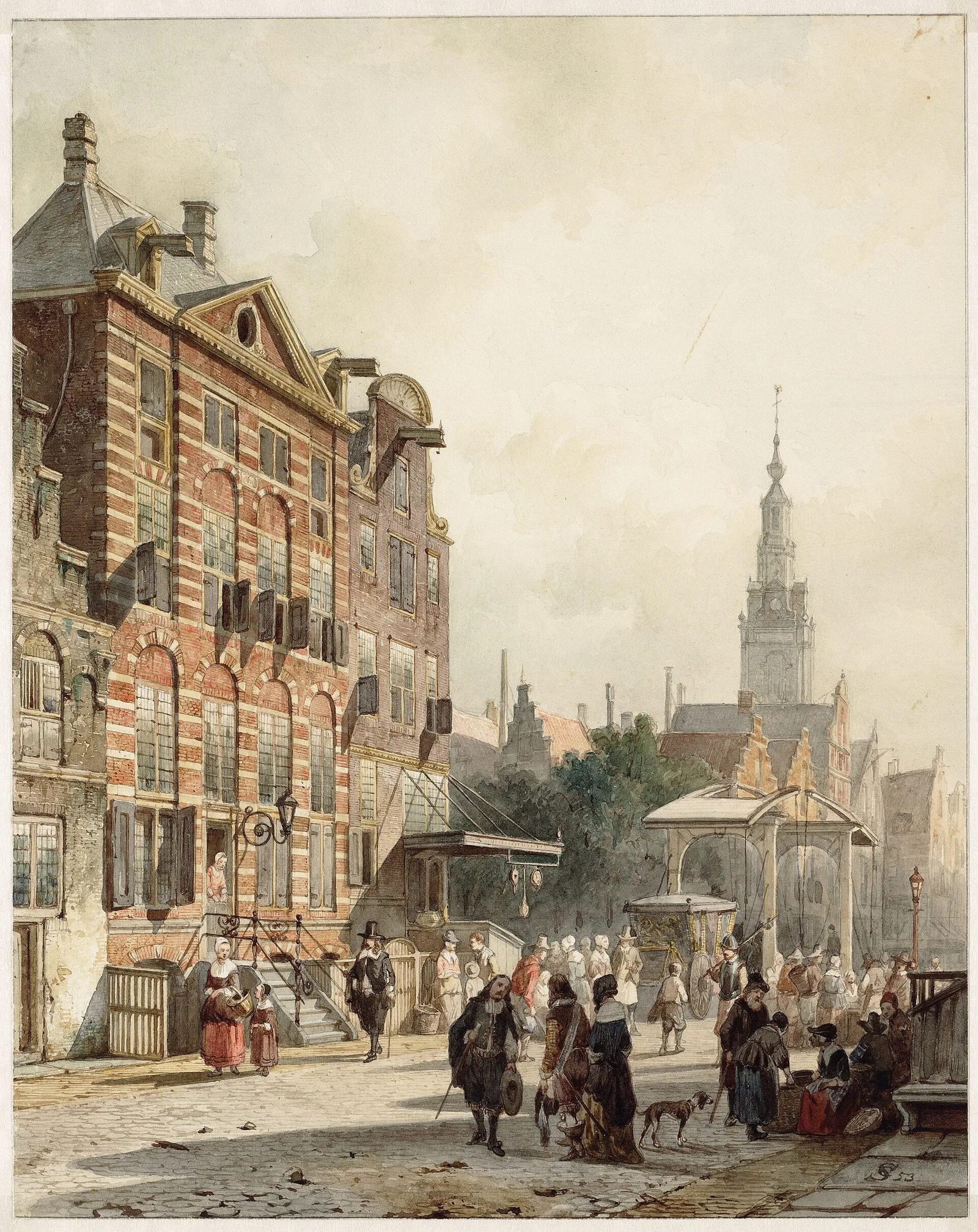 บ้านที่ Rembrandt van Rijn เคยอาศัยบนถนน Jodenbreestraat ภาพโดย Cornelis Springer ปี 1853