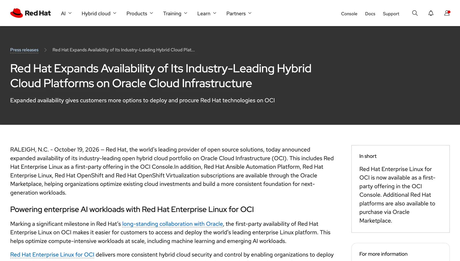 หน้าข่าวประชาสัมพันธ์ของ Red Hat ลงวันที่ 19 ตุลาคม 2026 เรื่องขยายแพลตฟอร์มไฮบริดคลาวด์ไปยัง Oracle Cloud Infrastructure และให้ RHEL for OCI เป็นบริการ first-party ในคอนโซล OCI