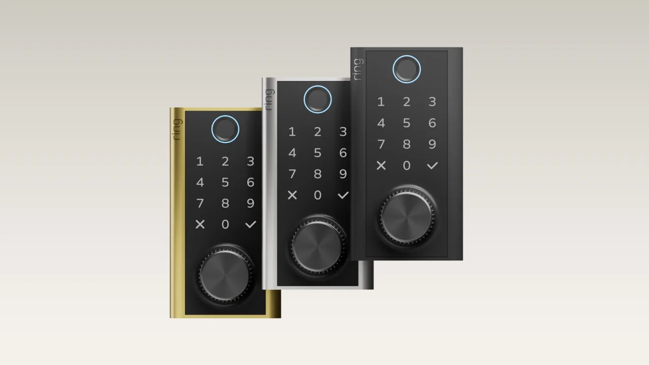 Ring Smart Lock สามสี ทองเหลือง เงิน และดำ มีเซนเซอร์ลายนิ้วมือ แป้นตัวเลข และปุ่มหมุนด้านล่าง