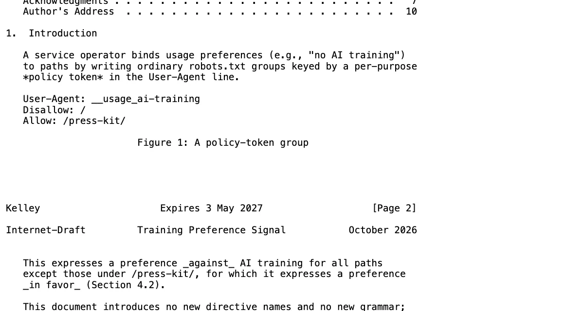 ตัวอย่างกลุ่ม User-Agent: __usage_ai-training ในร่าง IETF