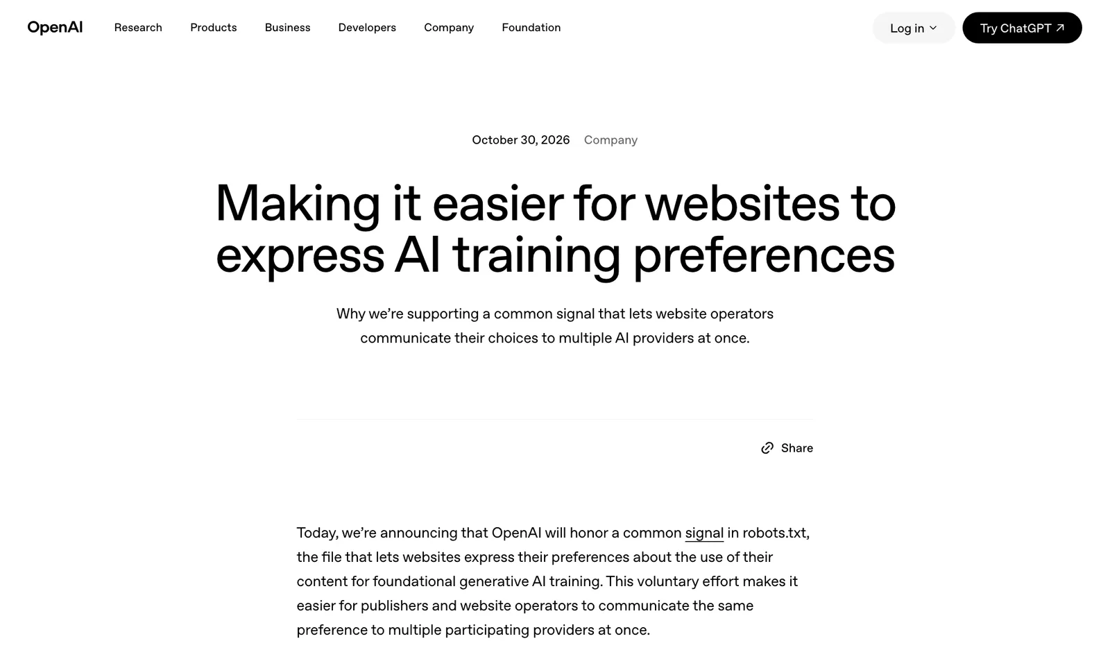 ประกาศ Making it easier for websites to express AI training preferences ของ OpenAI