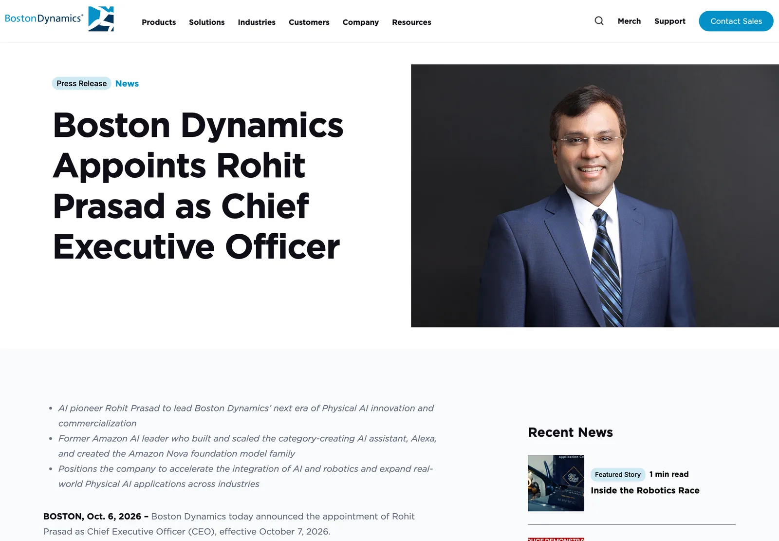 ภาพหน้าจอหน้าข่าวของ Boston Dynamics หัวข้อ Boston Dynamics Appoints Rohit Prasad as Chief Executive Officer ลงวันที่ 6 ตุลาคม 2026