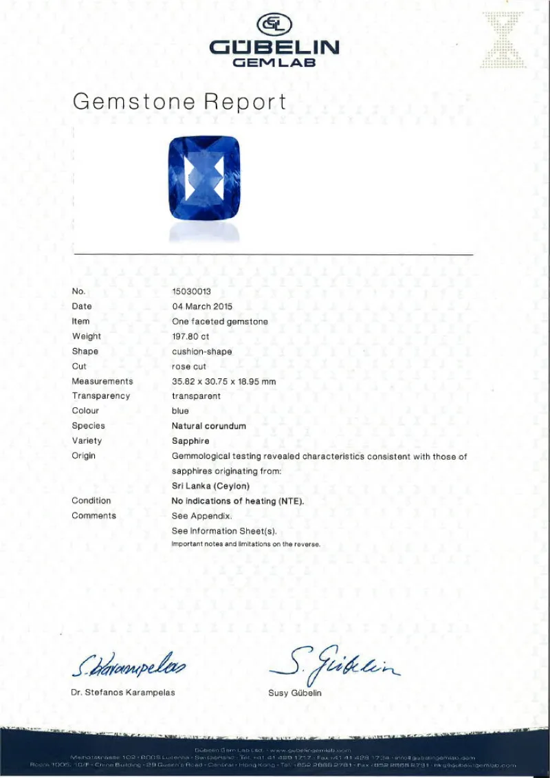 รายงานพลอย Gübelin Gem Lab ของไพลิน 197.80 กะรัต ปี 2015