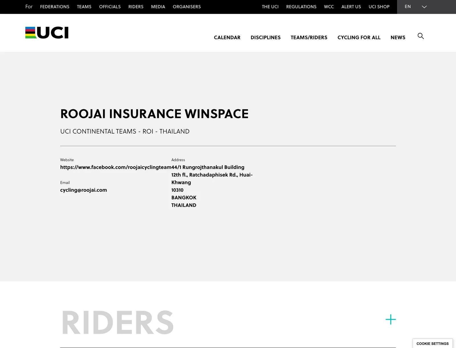 หน้าทะเบียนทีมบนเว็บ UCI ระบุ ROOJAI INSURANCE WINSPACE ประเภท UCI Continental Teams รหัส ROI ประเทศไทย และเว็บไซต์ทางการคือเพจ Facebook ของทีม Roojai