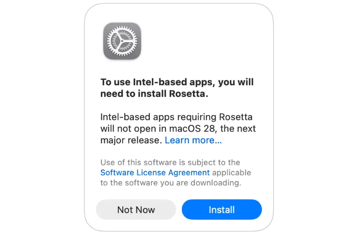 กล่องติดตั้ง Rosetta บน macOS 27 แจ้งว่าแอป Intel ที่ต้องใช้ Rosetta จะเปิดไม่ได้ใน macOS 28 พร้อมปุ่ม Not Now และ Install