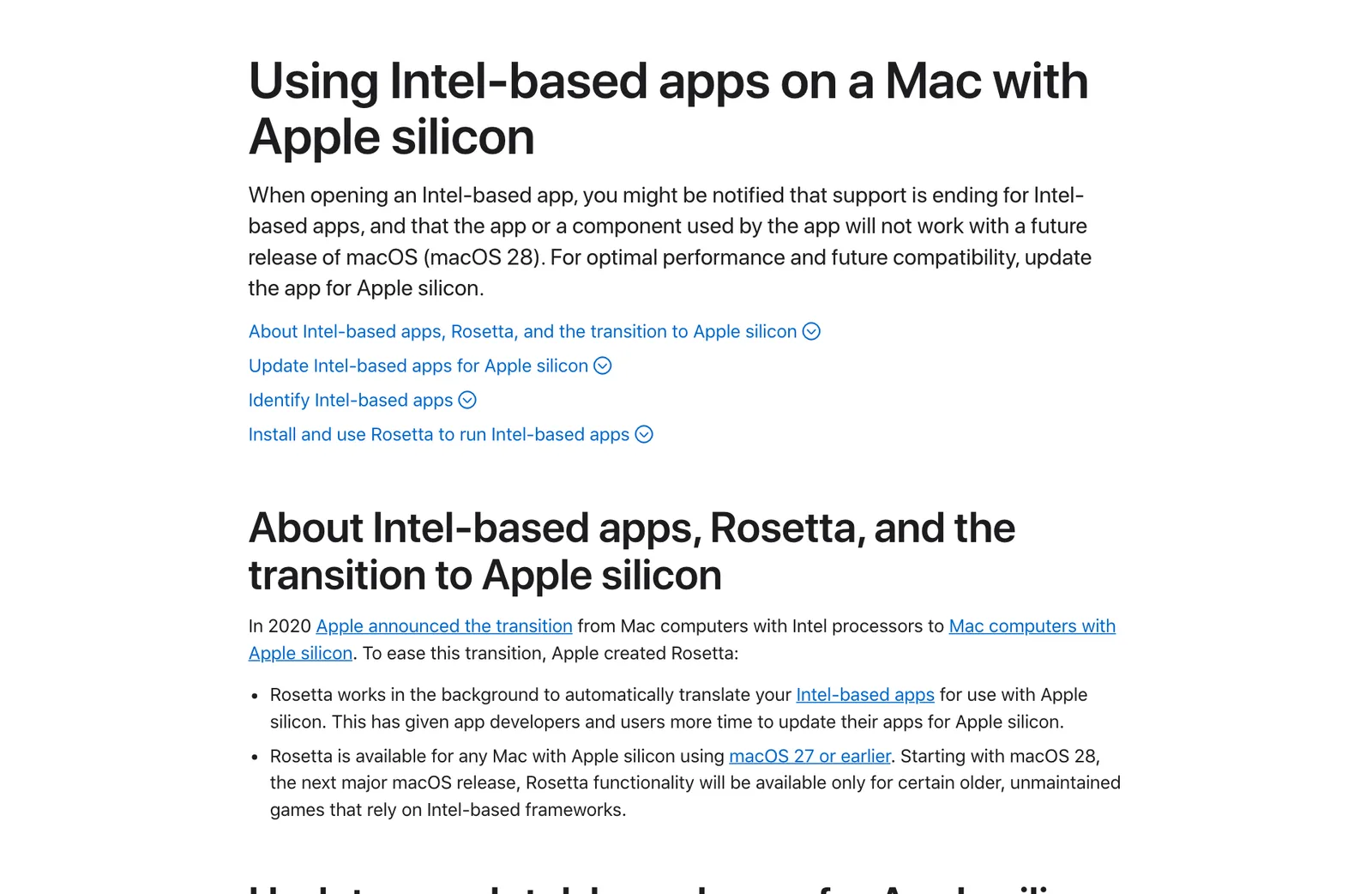 หน้าซัพพอร์ตของ Apple เรื่อง Using Intel-based apps on a Mac with Apple silicon ระบุกำหนด Rosetta macOS 28: Rosetta ใช้ได้บน macOS 27 หรือเก่ากว่า และตั้งแต่ macOS 28 เหลือเฉพาะเกมเก่าบางเกม