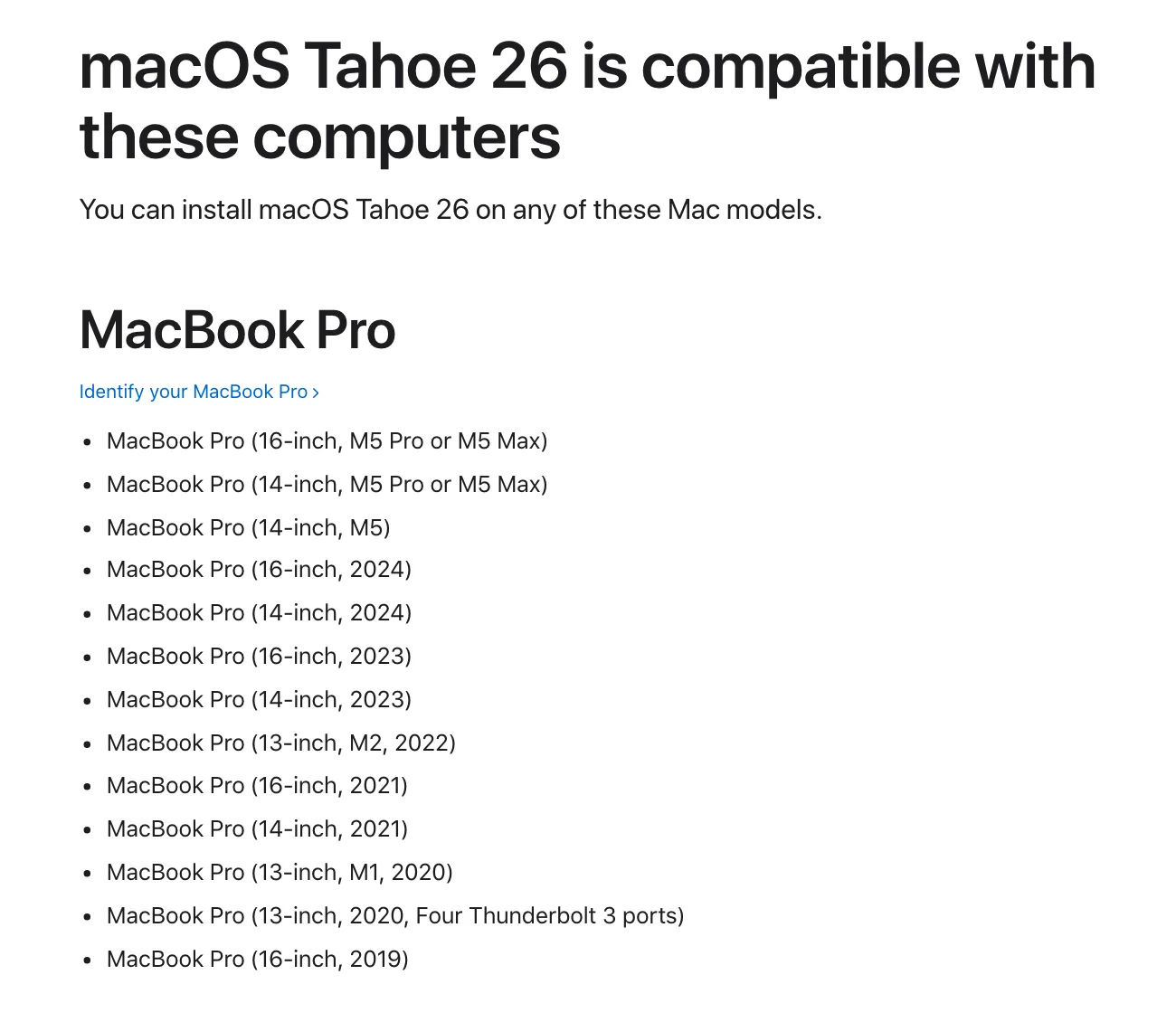 หน้ารายชื่อเครื่องที่รองรับ macOS Tahoe 26 ของ Apple ส่วน MacBook Pro มีรุ่นชิป Intel คือ MacBook Pro 13 นิ้ว 2020 แบบ 4 พอร์ต Thunderbolt 3 และ MacBook Pro 16 นิ้ว 2019