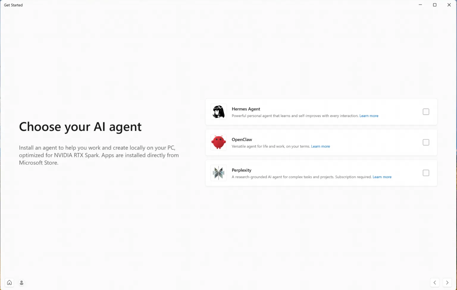 หน้าจอ Choose your AI agent ให้เลือกติดตั้ง Hermes Agent, OpenClaw หรือ Perplexity