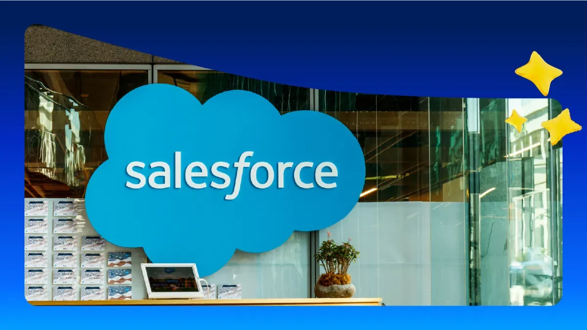 ภาพประกอบการประกาศ edition ใหม่ของ Salesforce แสดงป้ายโลโก้ Salesforce รูปก้อนเมฆที่หน้าสำนักงาน