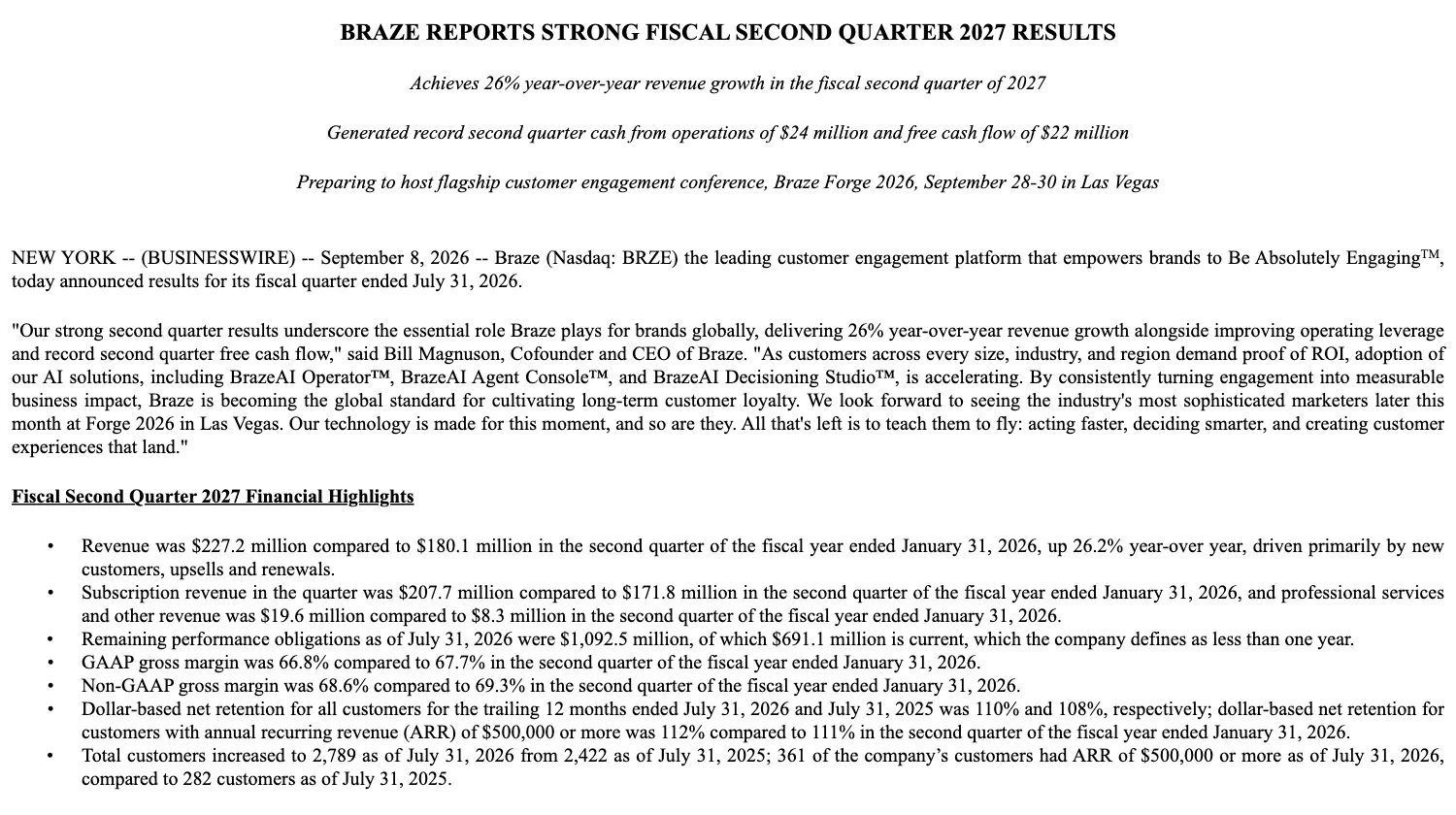 ภาพหน้าจอเอกสารงบไตรมาส 2 ปีงบ 2027 ของ Braze ที่ยื่นต่อ ก.ล.ต. สหรัฐฯ ระบุรายได้ 227.2 ล้านดอลลาร์และลูกค้า 2,789 ราย