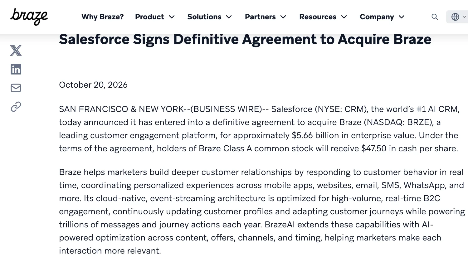 ภาพหน้าจอประกาศ Salesforce Signs Definitive Agreement to Acquire Braze บนเว็บไซต์ Braze ลงวันที่ 20 ตุลาคม 2026