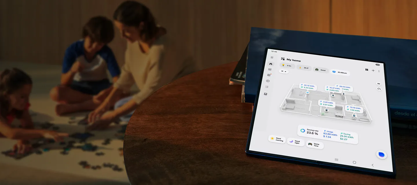 แอป SmartThings แสดงแผนผังบ้านและการใช้ไฟเป็น kWh ของแต่ละห้อง จากหน้า SmartThings ของ Samsung ประเทศไทย