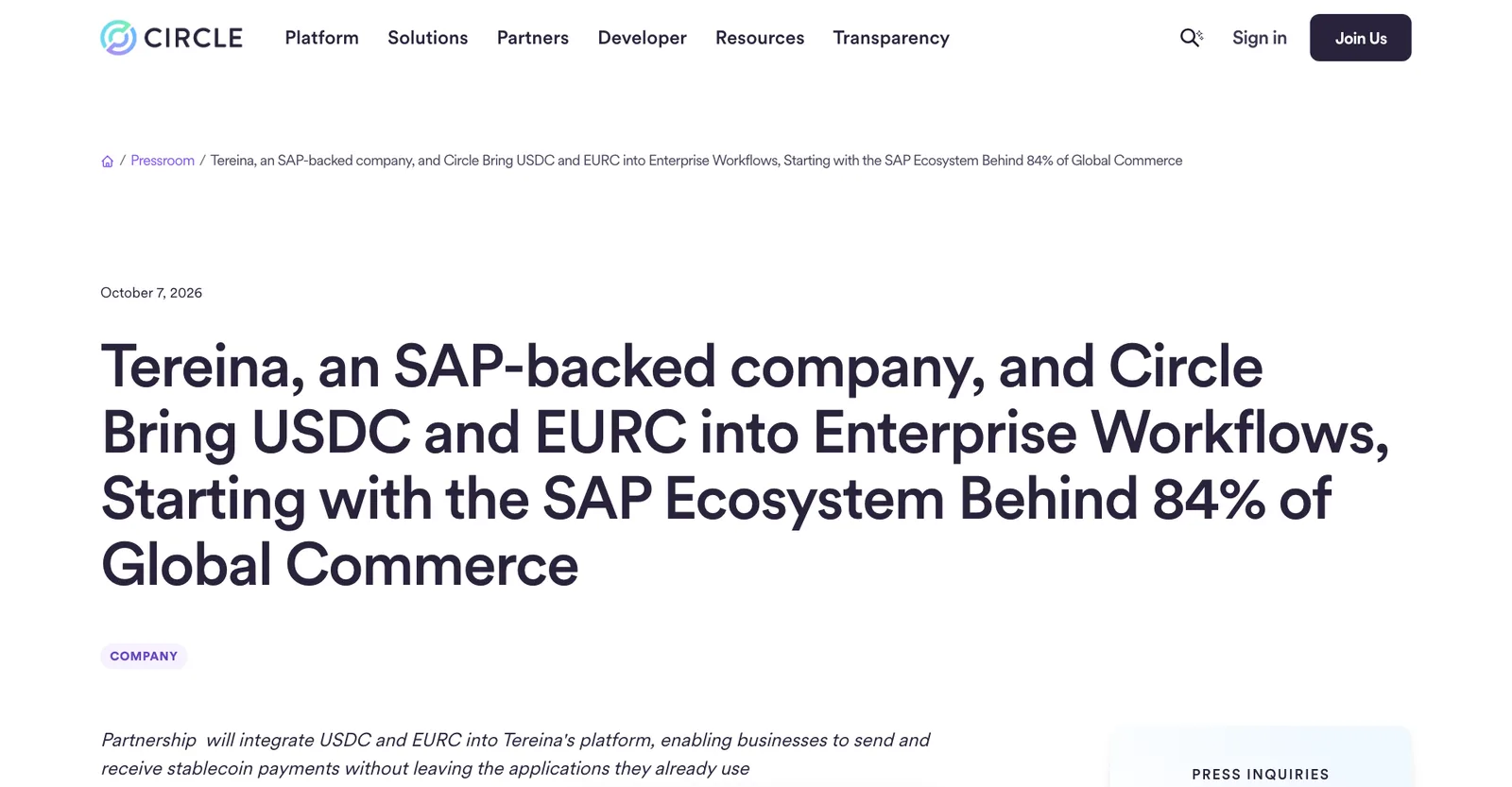 หน้าห้องข่าวของ Circle วันที่ 7 ตุลาคม 2026 ประกาศร่วมกับ Tereina นำ USDC และ EURC เข้าสู่ SAP Pay ใน SAP Cloud ERP