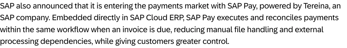 ข้อความในข่าวแจกของ SAP วันที่ 6 ตุลาคม 2026 ประกาศเข้าสู่ตลาดชำระเงินด้วย SAP Pay ที่ฝังใน SAP Cloud ERP