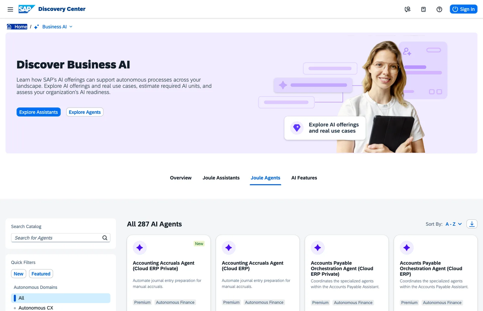 หน้า Joule Agents ของ SAP Discovery Center วันที่ 19 ต.ค. 2026 แสดงแคตตาล็อก All 287 AI Agents เช่น Accounting Accruals Agent และ Accounts Payable Orchestration Agent ในกลุ่ม Autonomous Finance ซึ่งรวม SAP AI Agent พาร์ตเนอร์