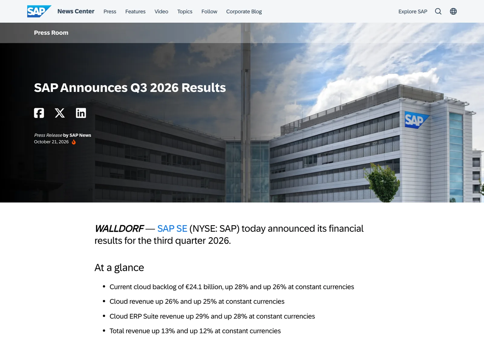 หน้า SAP News Center ประกาศ SAP Announces Q3 2026 Results วันที่ 21 ตุลาคม 2026 พร้อมสรุป current cloud backlog 24.1 พันล้านยูโร รายได้คลาวด์โต 26% และรายได้รวมโต 13%