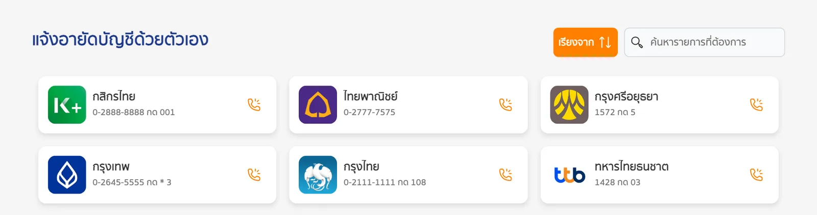 หัวข้อแจ้งอายัดบัญชีด้วยตัวเองบน thaipoliceonline.go.th แสดงเบอร์ธนาคารที่ใช้แจ้งเมื่อถูกหลอกโอนเงิน เช่น กสิกรไทย 0-2888-8888 กด 001 ไทยพาณิชย์ 0-2777-7575 และกรุงไทย 0-2111-1111 กด 108