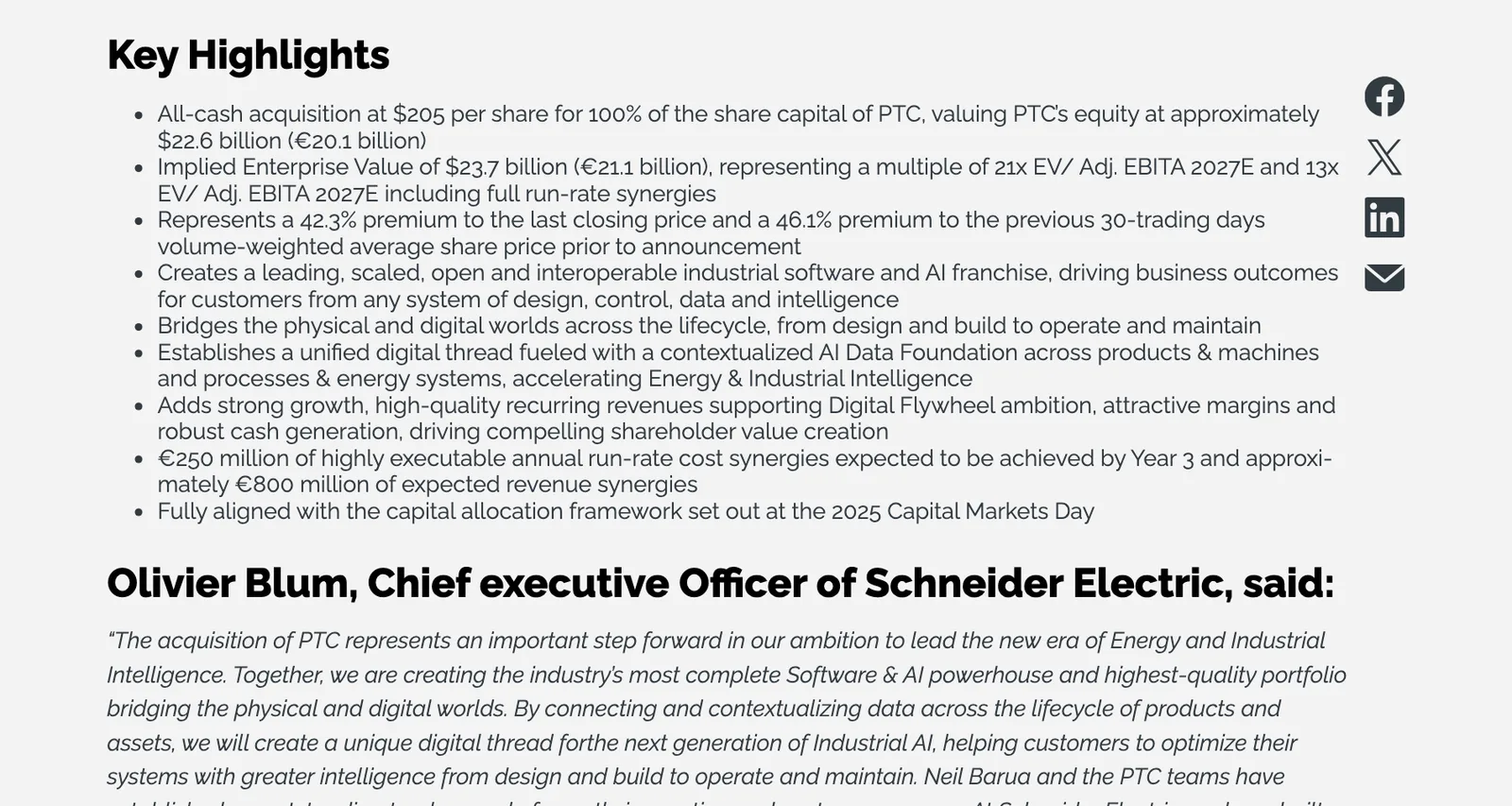 หัวข้อ Key Highlights ในข่าวร่วม Schneider Electric และ PTC: เงินสด 205 ดอลลาร์ต่อหุ้น มูลค่าส่วนของผู้ถือหุ้น 22.6 พันล้านดอลลาร์ และพรีเมียม 42.3%