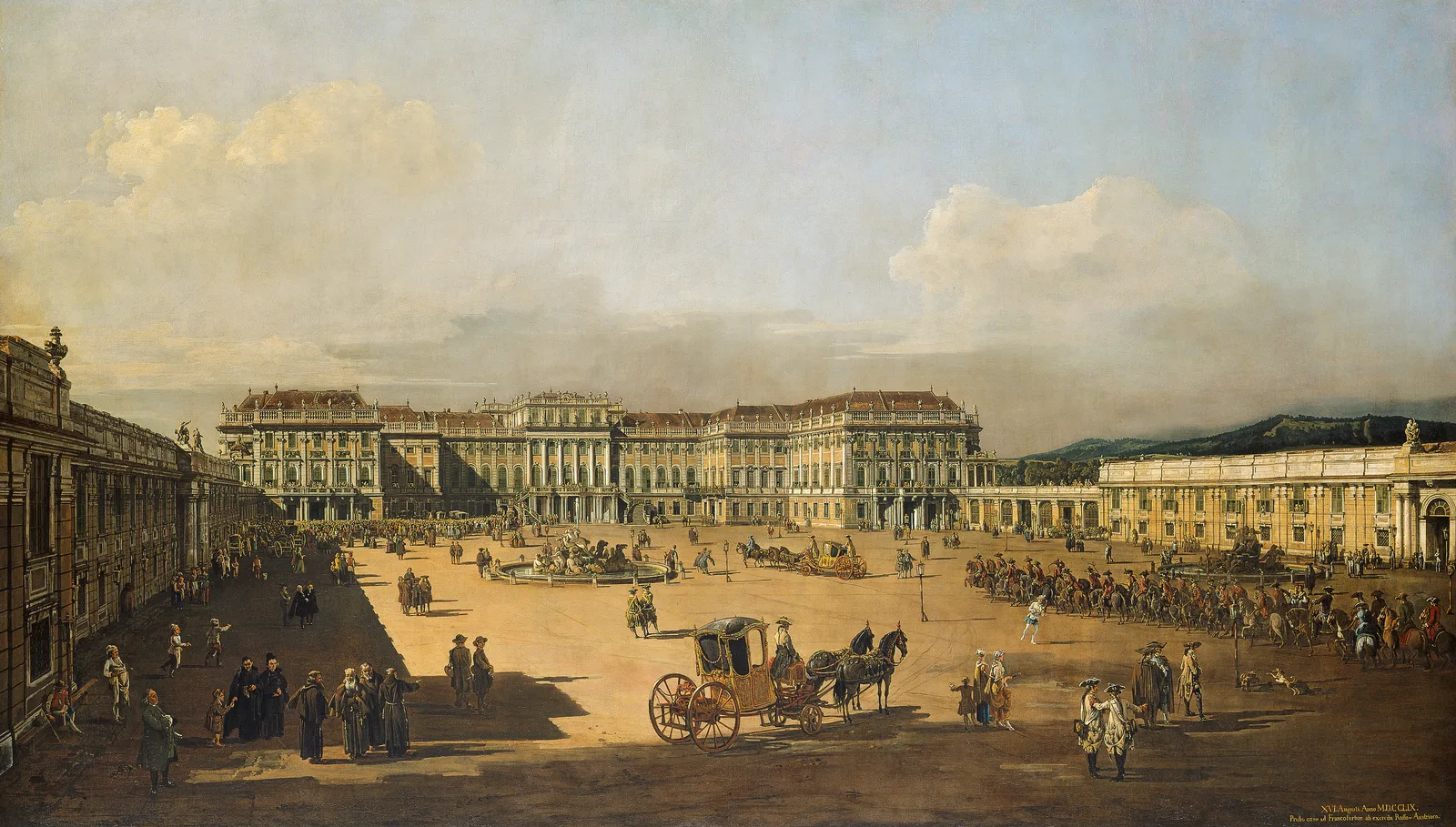 ภาพเขียนของ Bernardo Bellotto ทศวรรษ 1750 แสดงพระราชวังเชินบรุนน์ด้านลานพิธี ปัจจุบันอยู่ที่ Kunsthistorisches Museum Wien