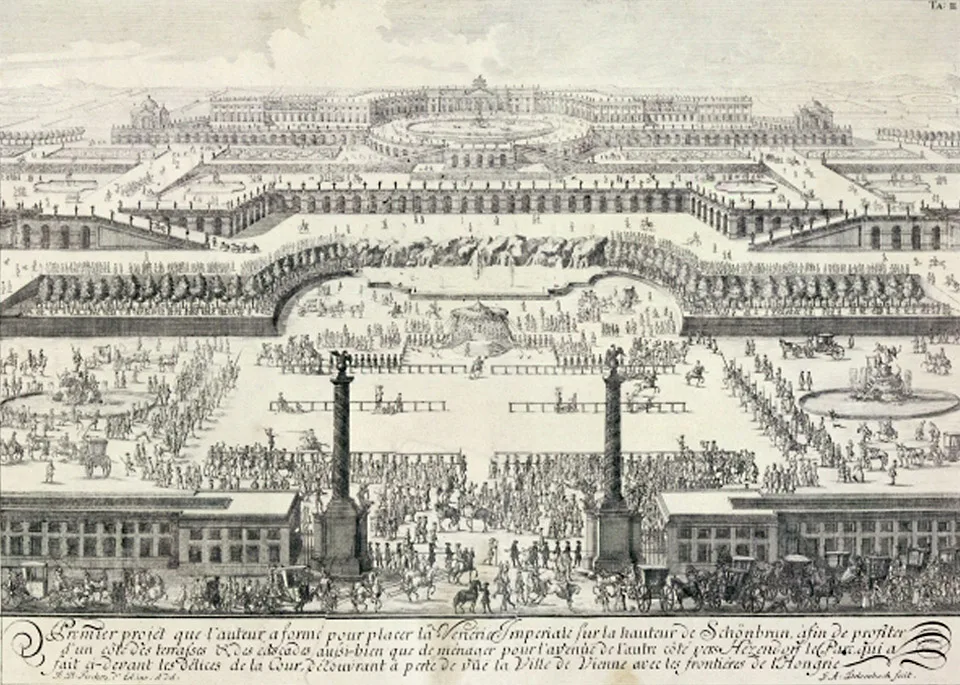 แบบแรกของ Fischer von Erlach สำหรับพระราชวังเชินบรุนน์ ภาพพิมพ์ทองแดงเผยแพร่ปี 1721