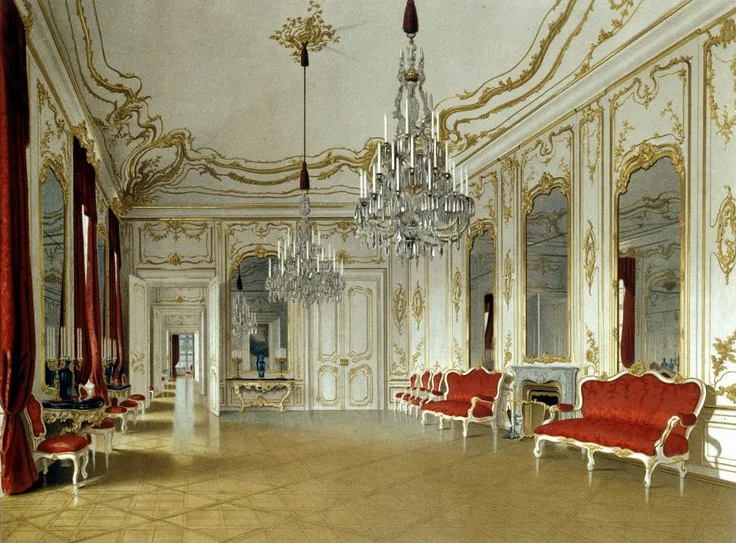 Hall of Mirrors ในพระราชวังเชินบรุนน์ ภาพสีน้ำของ Franz Heinrich ราวปี 1855–1860