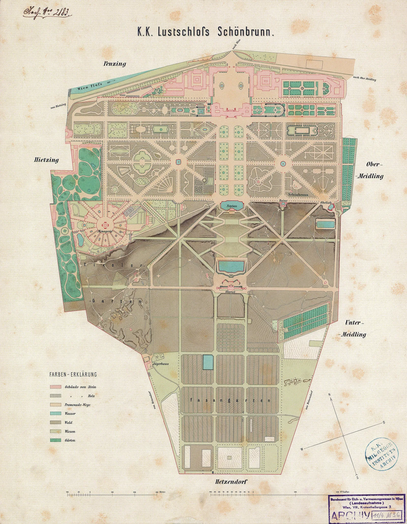 แผนผังพระราชวังเชินบรุนน์และสวน ภาพพิมพ์หินของ Militärgeographisches Institut ปี 1874 มาตราส่วน 1:5000