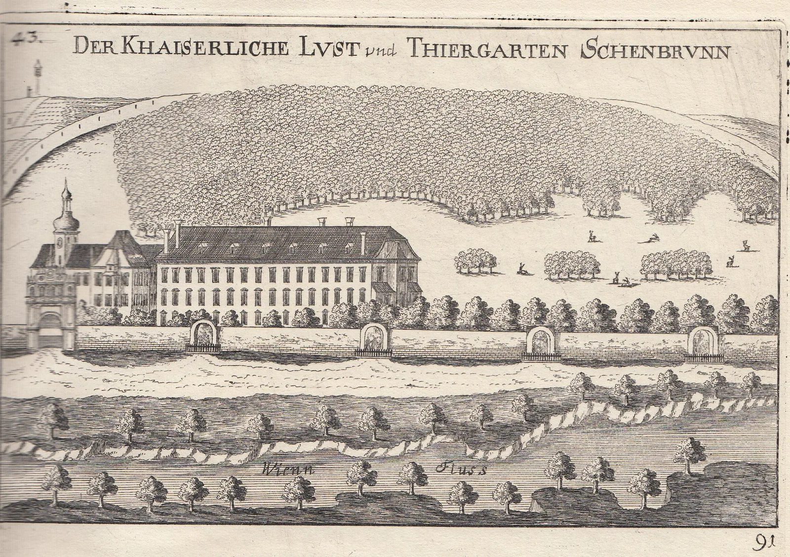 ภาพพิมพ์ทองแดงปี 1672 ของ Georg Matthäus Vischer แสดงตำหนักและสวนสัตว์ของที่ดินก่อนเป็นพระราชวังเชินบรุนน์
