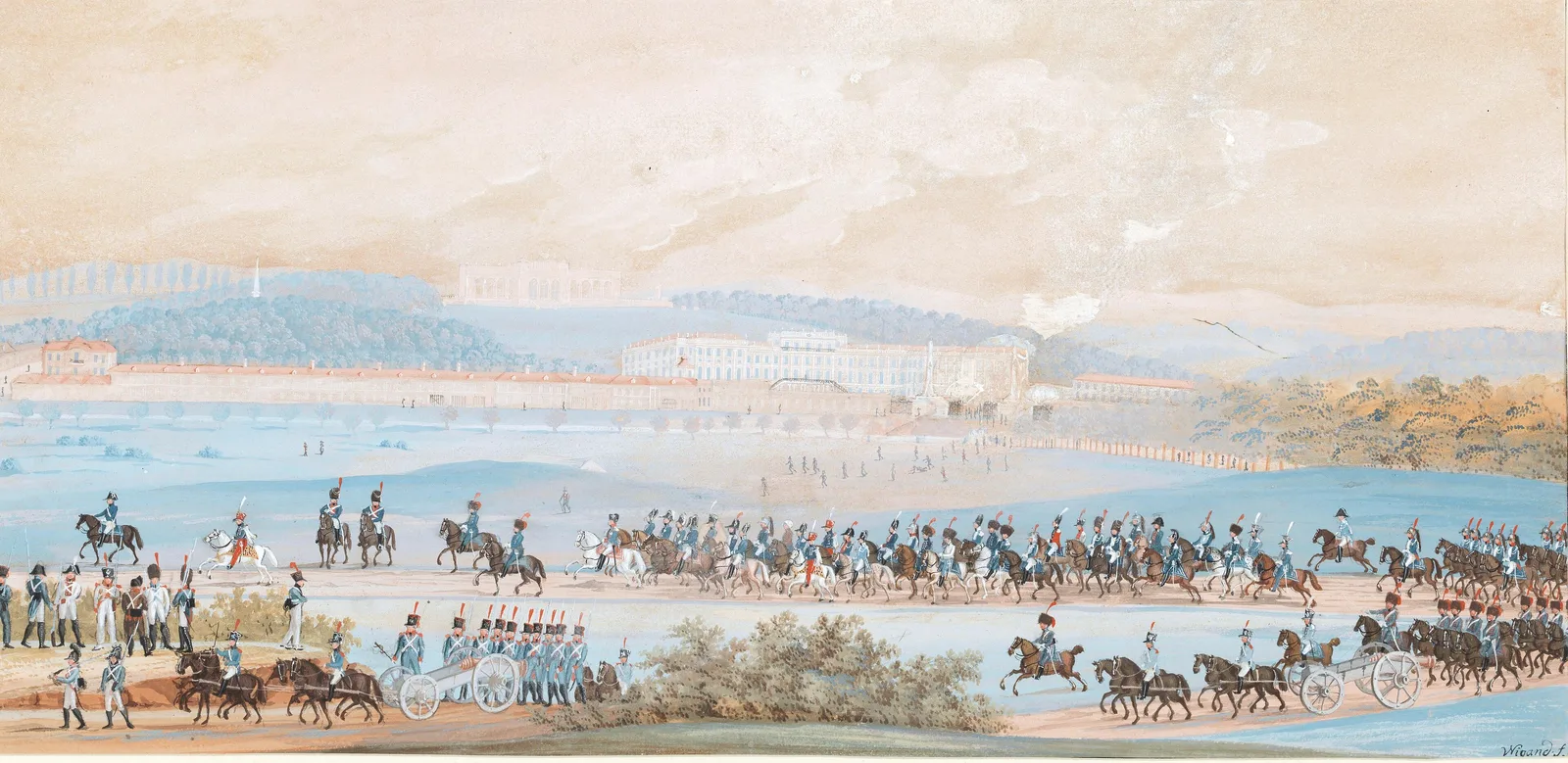 ขบวนเสด็จของ Napoleon ที่ Schönbrunn ภาพกวอชของ Balthasar Wigand ก่อนปี 1846