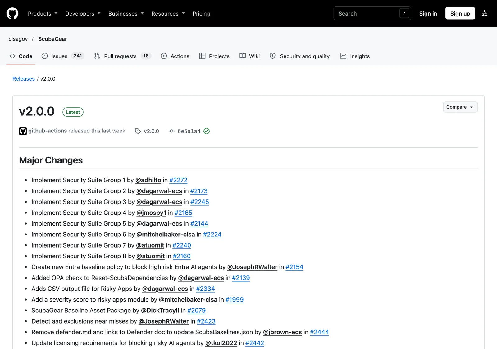 หน้า release v2.0.0 ของ ScubaGear บน GitHub แสดงรายการ Major Changes ทั้ง Security Suite และนโยบายบล็อก AI agent