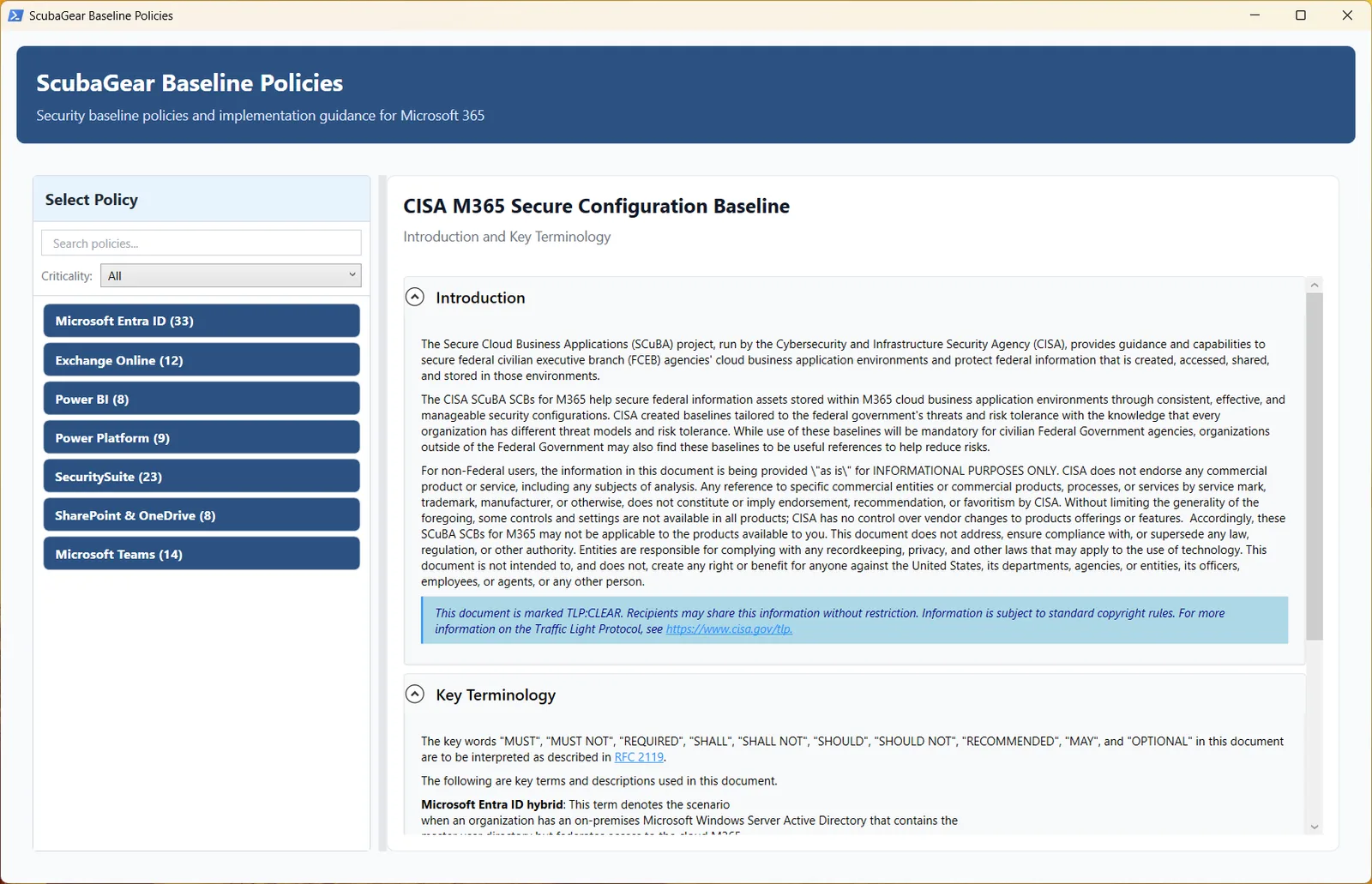 หน้าต่าง ScubaGear Baseline Policies แสดงรายการ baseline ของ Entra ID, Exchange Online, SecuritySuite และ Teams พร้อมเอกสารนโยบาย