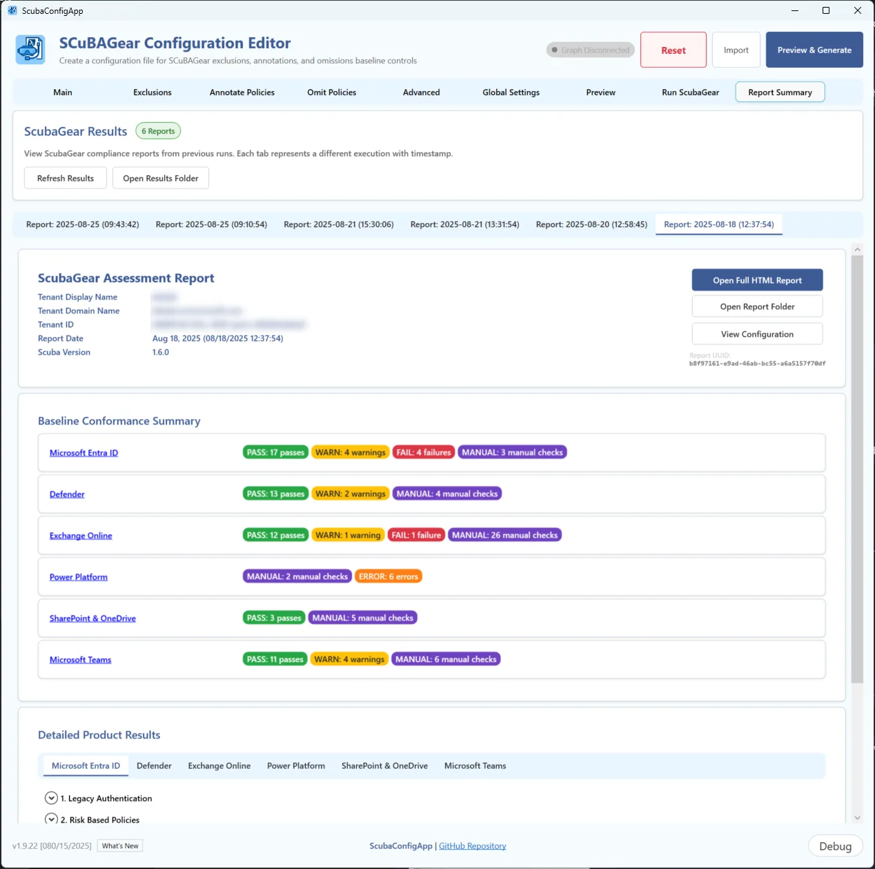 แท็บ Report Summary ของ ScubaGear Configuration Editor สรุปผล pass warning และ fail ของแต่ละบริการ
