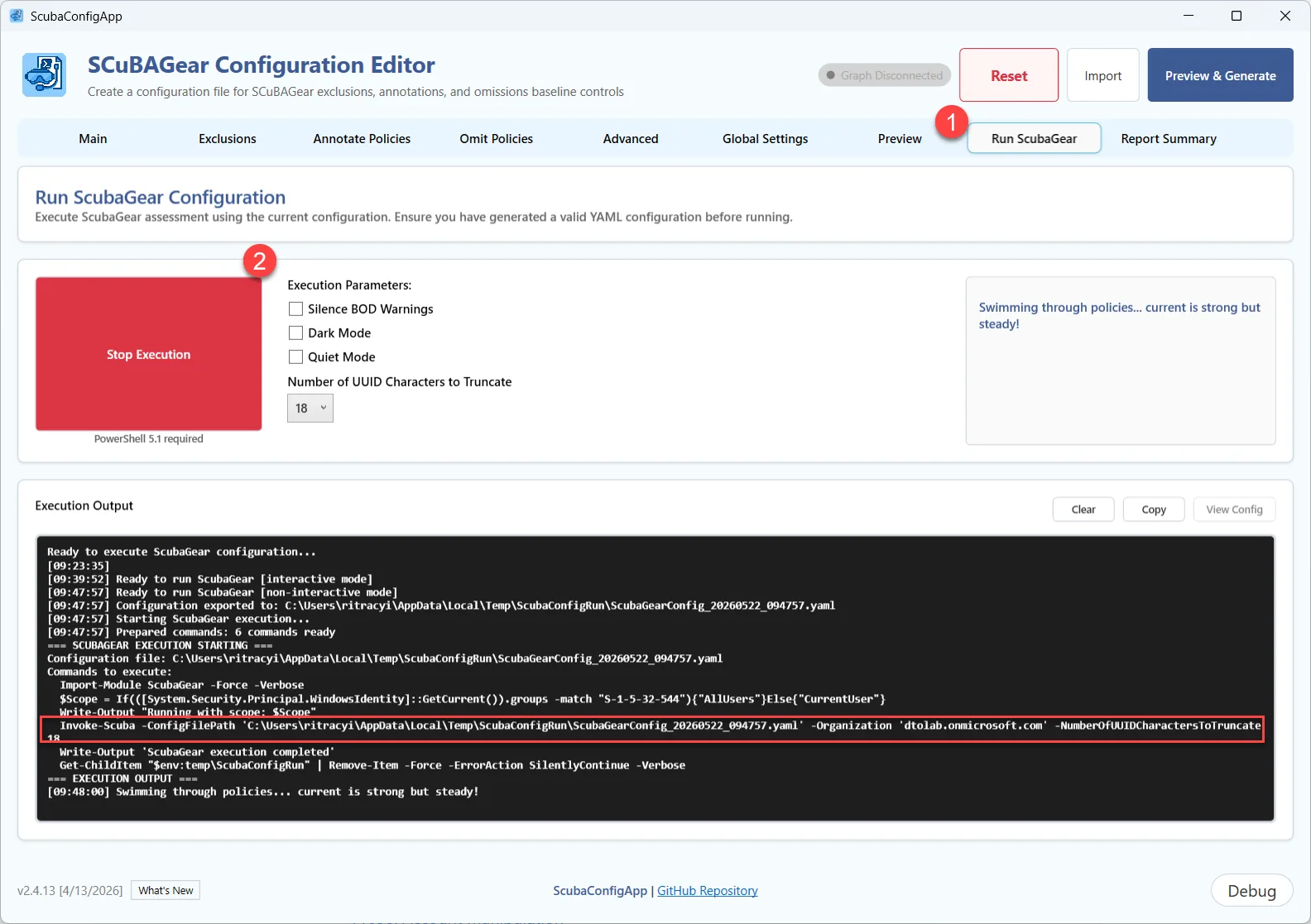หน้าจอ ScubaGear Configuration Editor ขณะรันการตรวจ แสดงพารามิเตอร์และผลลัพธ์การทำงาน