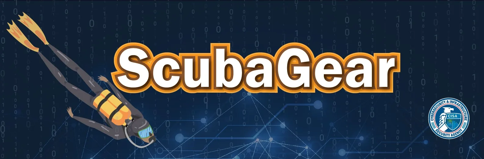 ภาพสัญลักษณ์ ScubaGear 2.0 ของ CISA เป็นนักดำน้ำบนพื้นหลังน้ำเงินเข้ม พร้อมตราหน่วยงาน